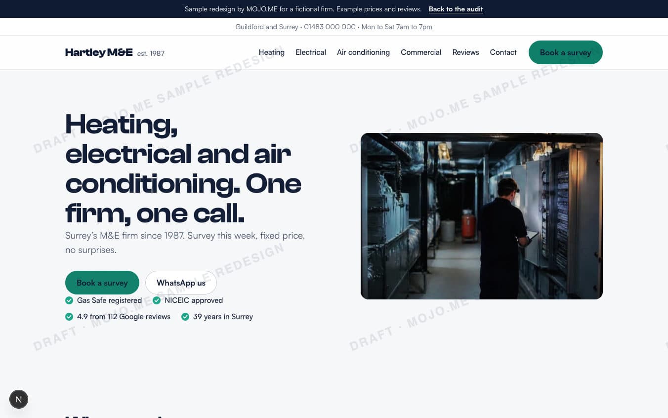 The redesigned Hartley M&E website on a laptop