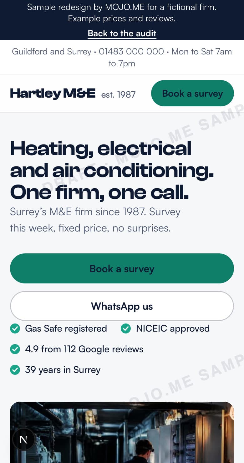 The redesigned Hartley M&E website on a phone