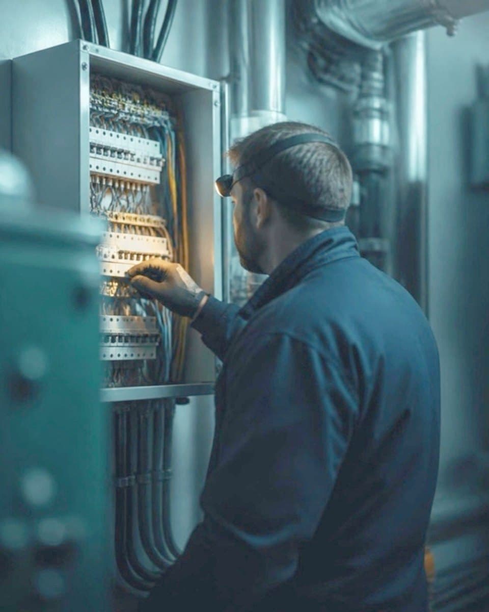 An electrician working at an open distribution board