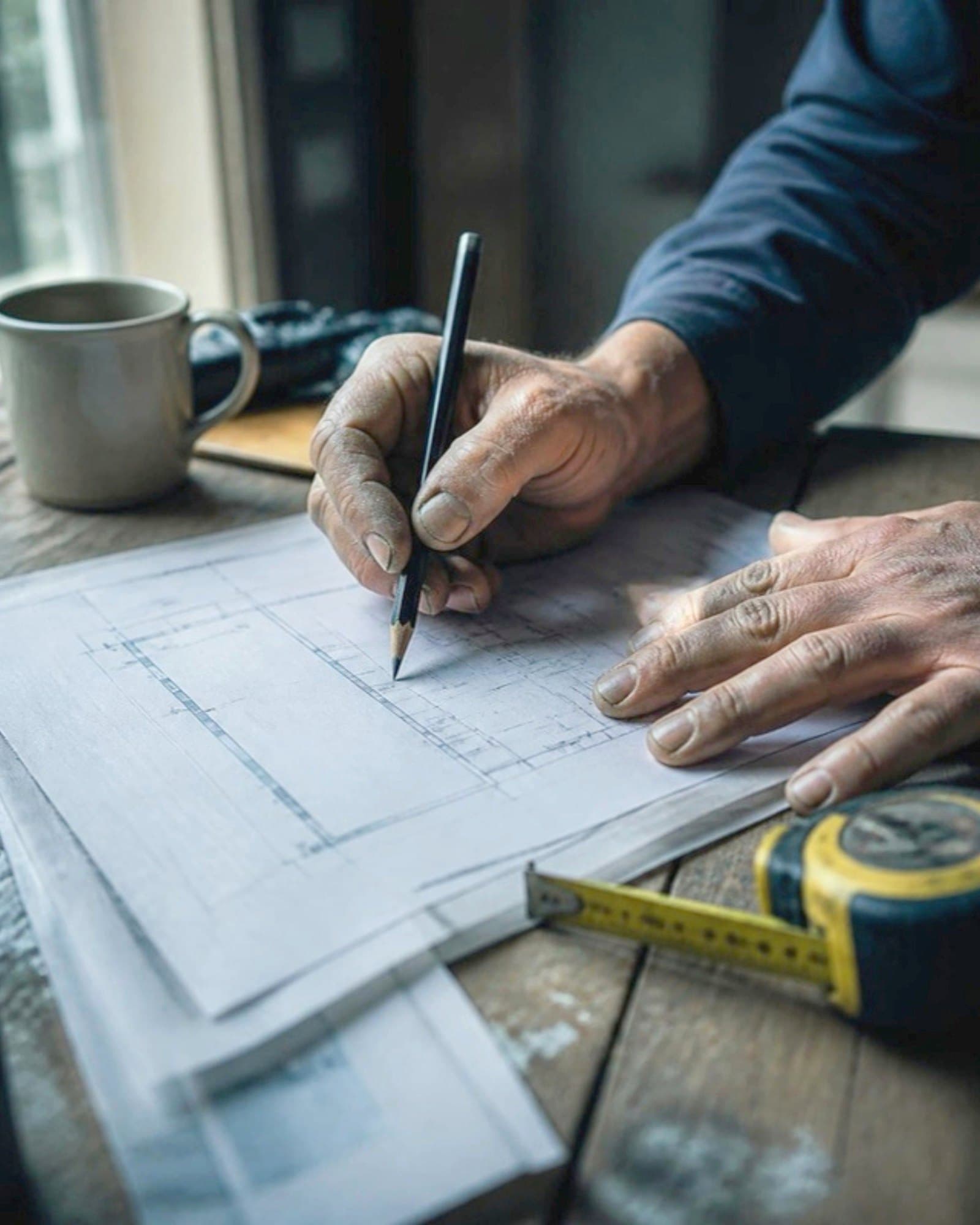 Hands marking up drawings on a desk beside a mug and a tape measure
