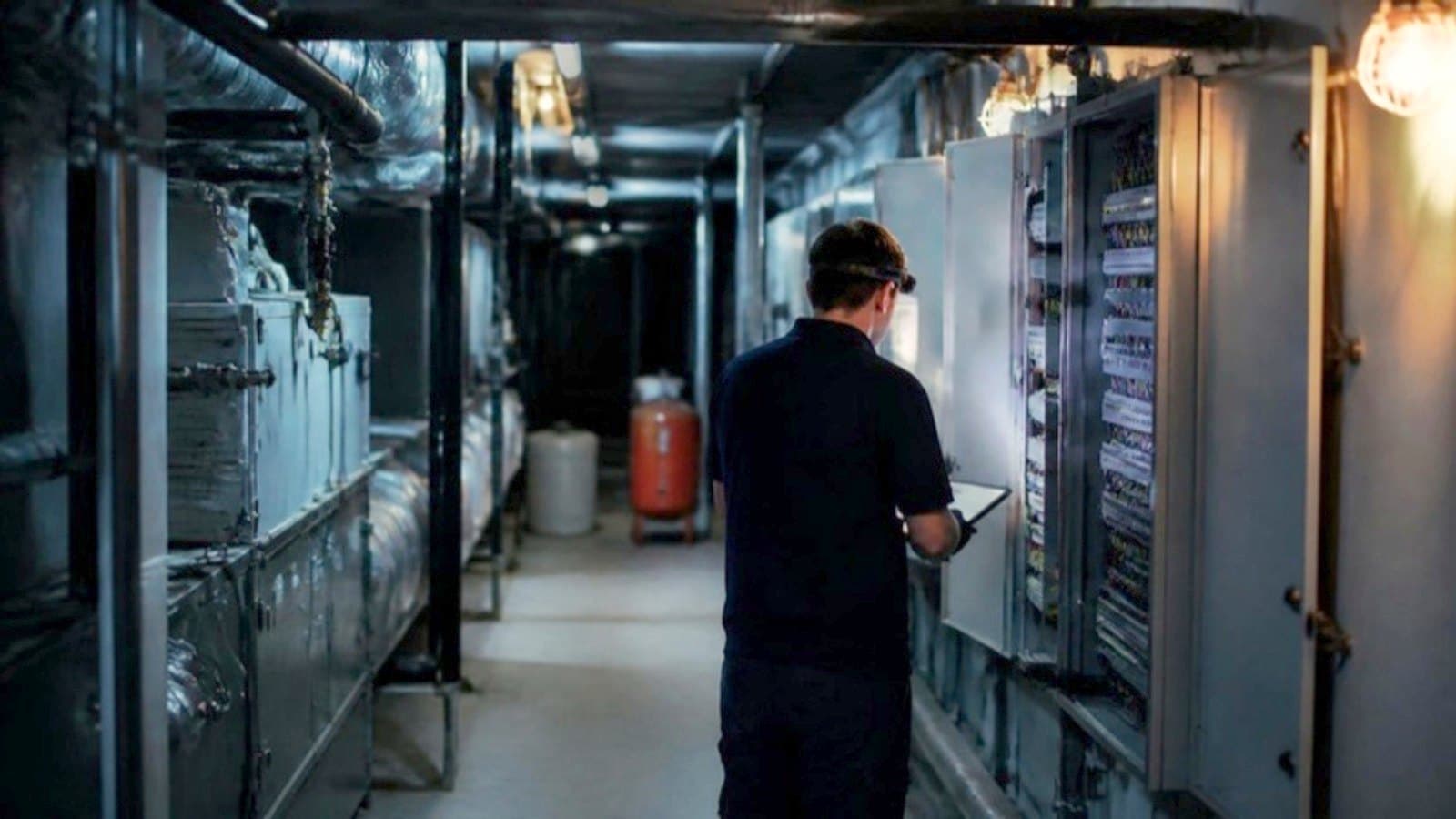 A lit plant room with pipework and air handling equipment