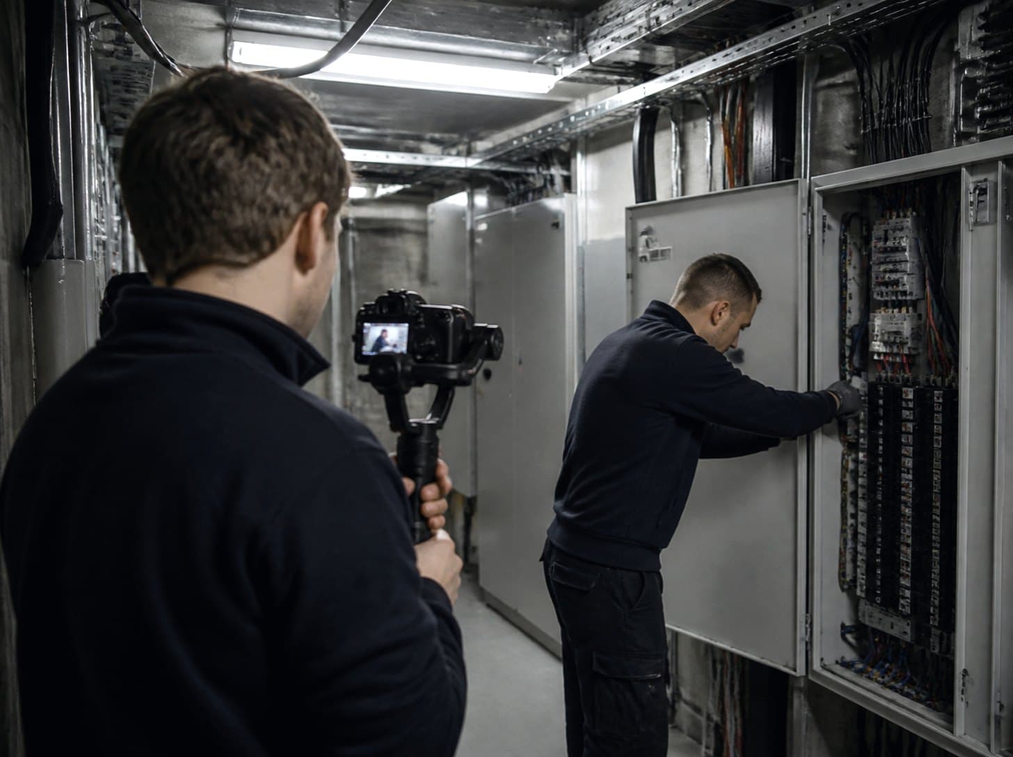 Our camera operator filming an electrician at a distribution board