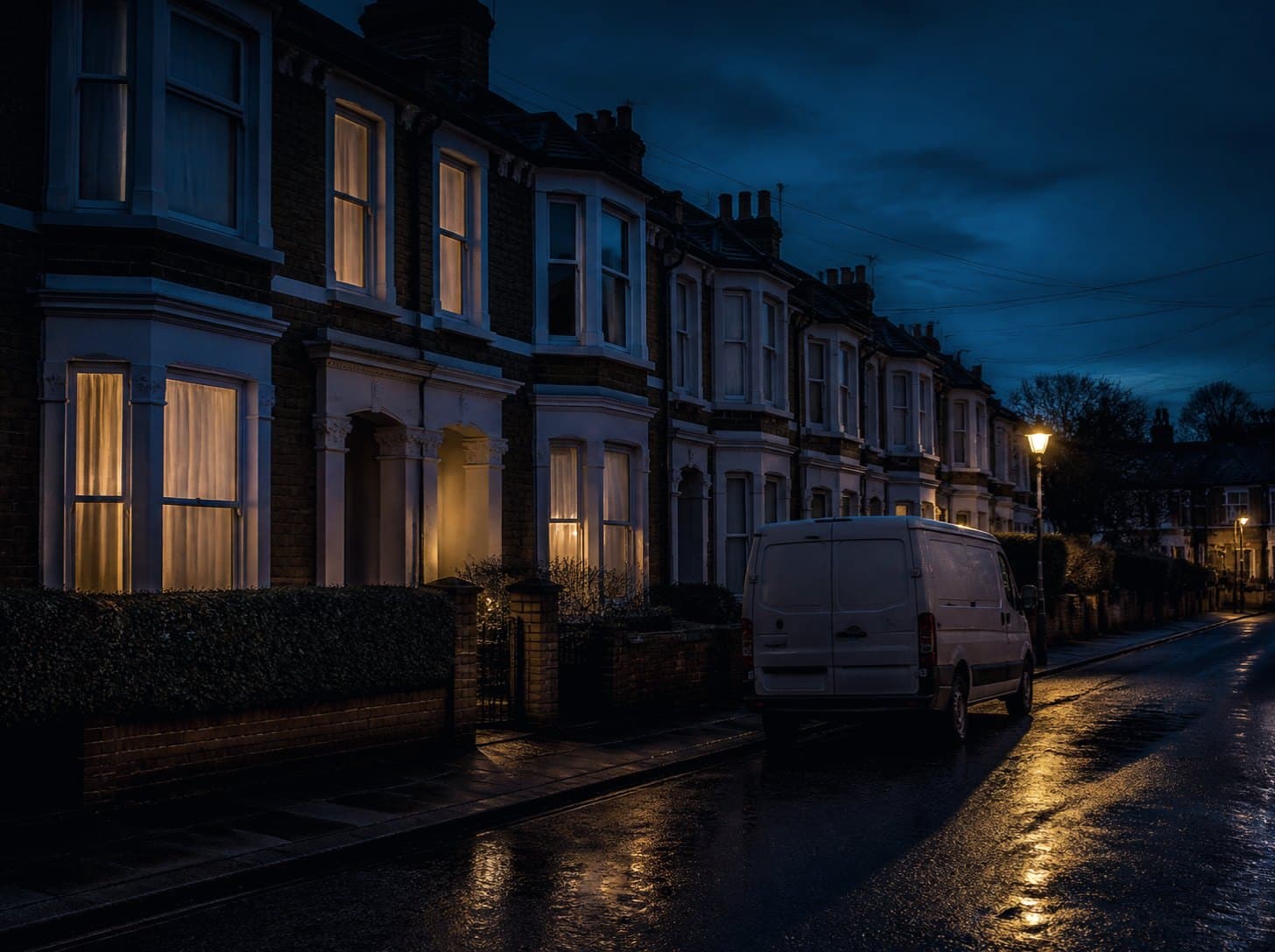 A terraced street at dusk with lit windows and a van at the kerb